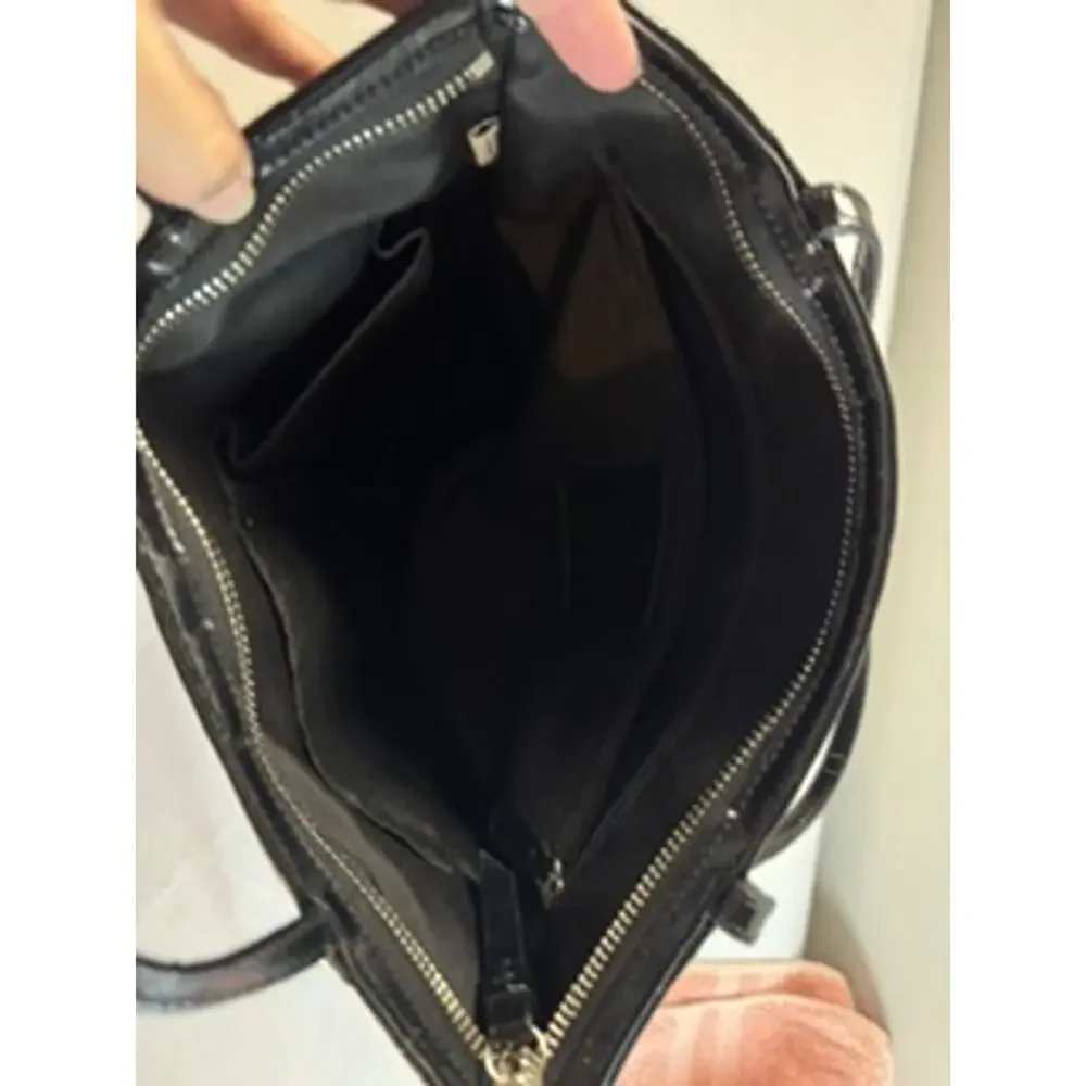Coach Signature Stripe Tote Black Gray Patent Trim Shoulder Bag